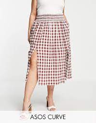 Curve Textured Brown & White Gingham Full Midi Skirt with Pockets (Plus-Size)